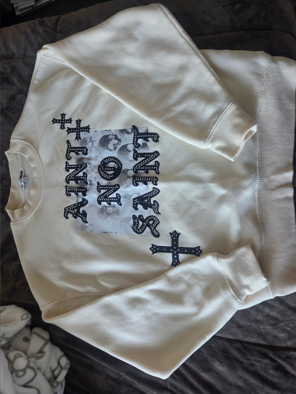 Fashion Nova Ivory Crewneck Sweatshirt with Black Graphic